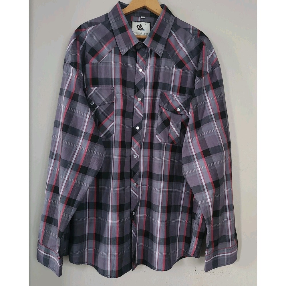 Coevals Club Shirt Mens 3XL Gray Red Plaid Western Pearl Snap Button Long Sleeve
